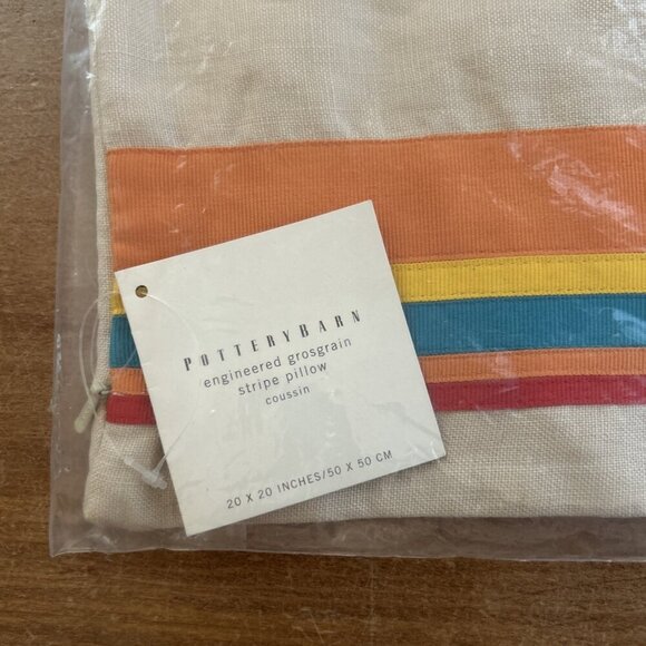 POTTERY BARN  GROSGRAIN RIBBON 20x20 100% LINEN STRIPE PILLOW COVER NEW - Picture 2 of 3